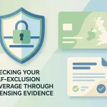 Neutral editorial illustration of online self-exclusion and a licence check for UK readers