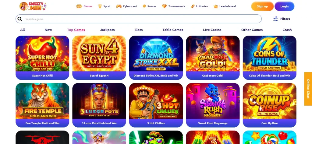 Sweety Win games lobby showing real casino categories and providers